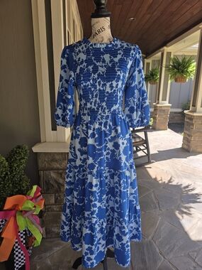Sugarlips Smocked Blue and White Floral Midi Dress-NWT